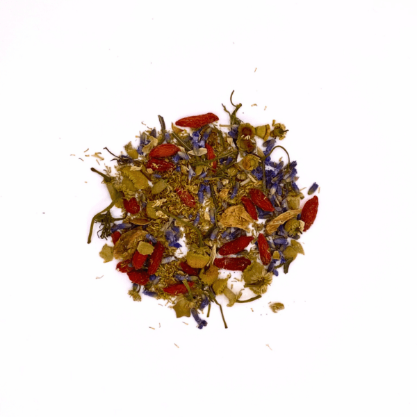 2024-11 Gobi Goji Chamomile Lavender herbal tea - white background ingredients