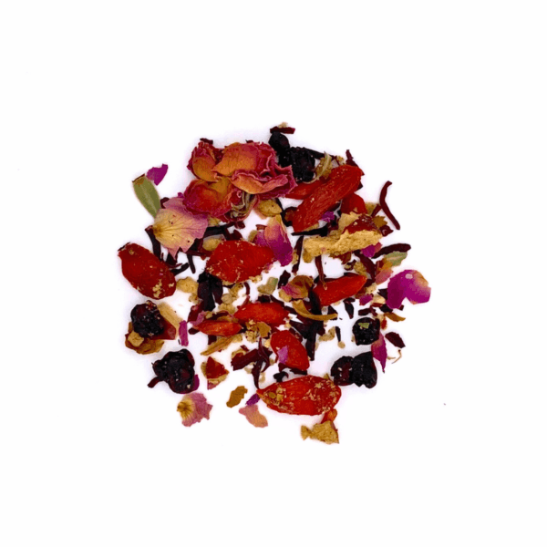 2024-11 Gobi Goji Glowing Rose herbal tea - white background ingredients rose flower hibiscus jujube dates schisandra berries