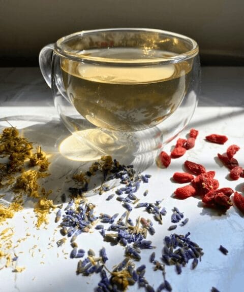 2025 06 Gobi Goji herbal tea Chamomile marble table angle