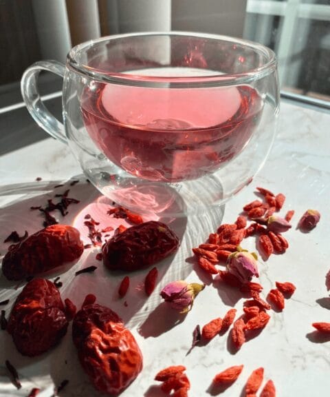 2025 06 Gobi Goji herbal tea Glowing Rose marble table angle 2