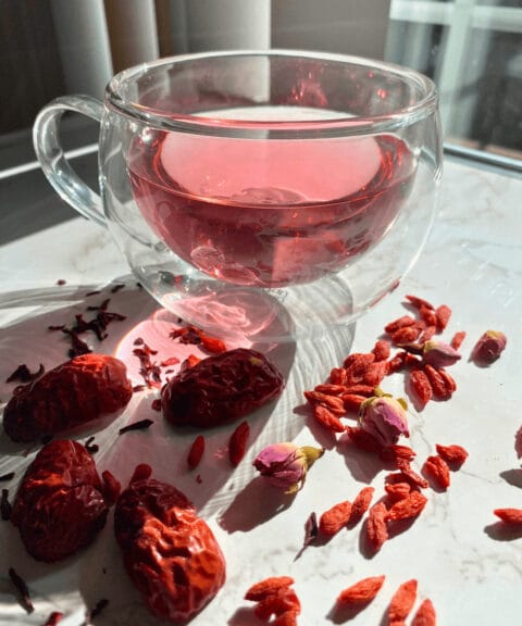 2025 06 Gobi Goji herbal tea Glowing Rose marble table angle