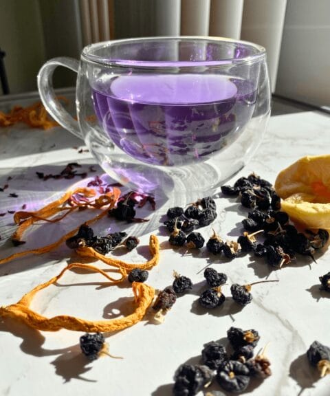 2025 06 Gobi Goji herbal tea Purple Boost marble table angle
